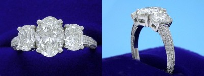 Oval Diamond Ring: 1.51 carat with 1.42 ratio in 1.03 tcw Oval Cut and 0.50 tcw Pave diamond three-stone mounting