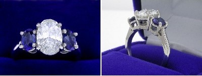 Oval Diamond Ring: 1.70 carat with 1.50 ratio in 1.20 tcw Oval Cut Blue Sapphire three-stone mounting