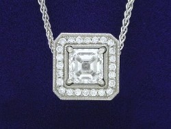 1.23 carat Asscher Cut diamond graded F color and VS1 clarity in a platinum pendant-enhancer mounting with 0.40 tcw pave-set diamonds