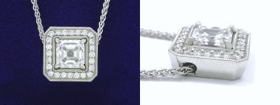 Asscher Cut Pendant: 1.23 carat Diamond in Single Bail Basket Style Mounting