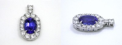 Oval Cut Pendant: 4.71 carat Tanzanite with 1.44 ratio in 2.12 tcw Prong-Set Round Diamond Mounting