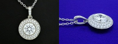 Round Cut Pendant: 0.76 carat Diamond in Bezel-Set Double Row Pave Mounting