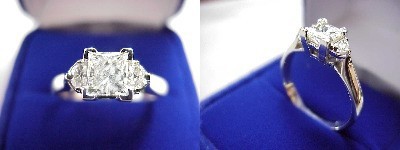 Princess Cut Diamond Ring: 0.71 carat in 0.19 tcw Half Moon Three Stone mounting