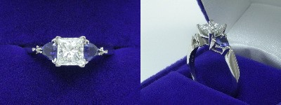 Princess Cut Diamond Ring: 0.85 carat in 0.61 tcw Blue Sapphire Trillion Three Stone mounting