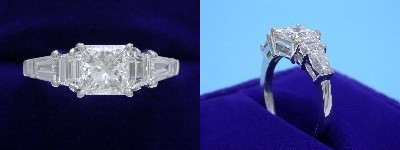 Princess Cut Diamond Ring: 1.01 carat in 0.48 tcw Trapezoid and 0.58 tcw Tapered Baguette mounting