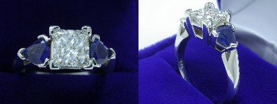 Princess Cut Diamond Ring: 1.03 carat in 0.87 tcw Blue Sapphire Trillion Three Stone mounting