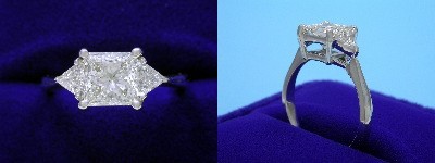 Princess Cut Diamond Ring: 1.15 carat in 0.32 tcw Trillion Three Stone Mounting