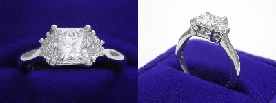 Princess Cut Diamond Ring: 1.23 carat with 0.37 tcw Half Moon Three Stone mounting