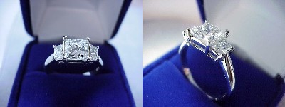 Princess Cut Diamond Ring: 1.46 carat with 0.63 tcw Brilliant-Cut Trapezoid Three Stone mounting