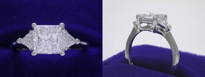 Princess Cut Diamond Ring: 1.52 carat with 0.39 tcw Trillion Three Stone mounting