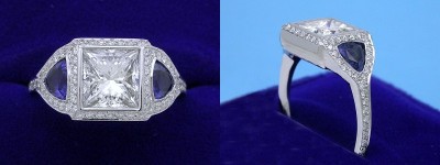 Princess Cut Diamond Ring: 1.58 carat with 0.81 tcw Blue Sapphire Trillions and 0.37 tcw Pave mounting