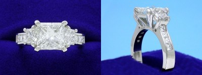 Princess Cut Diamond Ring: 2.05 carat with 0.72 tcw Trapezoids and 0.42 tcw Channel Set Princess mounting
