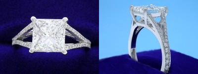 Princess Cut Diamond Ring: 2.10 carat in 0.24 tcw Pave Set Split Shank mounting