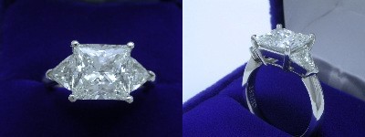 Princess Cut Diamond Ring: 3.47 carat with 1.05 tcw Trillion Three Stone mounting