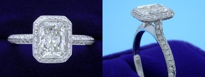 Radiant Cut Diamond Ring: 1.00 carat with 1.32 ratio and 0.53 tcw Bez Ambar Designer Knife-edge Pave Set mounting