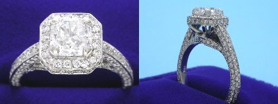 Radiant Cut Diamond Ring: 1.11 carat with 1.02 ratio in 1.12 tcw Richard Landi Designer Pave Set Mounting