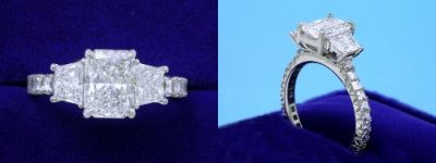 Radiant Cut Diamond Ring: 1.13 carat with 1.33 ratio in 0.60 tcw Brilliant-Cut Trapezoid Three Stone mounting with 0.56 Blaze Cut diamonds