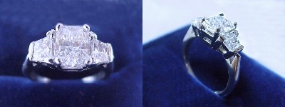 Radiant Cut Diamond Ring: 1.13 carat with 1.33 ratio in 0.60 tcw Brilliant-Cut Trapezoid Three Stone mounting