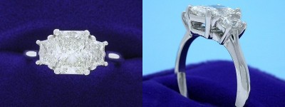 Radiant Cut Diamond Ring: 1.20 carat with 1.30 ratio in 0.59 tcw Brilliant-Cut Trapezoid Three Stone mounting