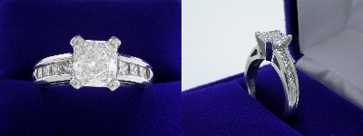 Radiant Cut Diamond Ring: 1.33 carat with 1.07 ratio in 0.50 tcw Princess Channel Set mounting