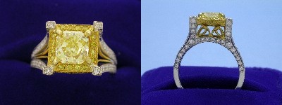 Radiant Cut Diamond Ring: 1.51 carat with 1.05 ratio and Fancy Yellow color in 1.05 tcw Pave Set mounting