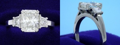 Radiant Cut Diamond Ring: 1.51 carat with 1.23 ratio and 0.33 tcw Trapezoid Side Diamonds in Three-Stone Mounting