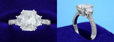 Radiant Cut Diamond Ring: 1.70 carat weith 1.40 ratio in 0.46 tcw Brilliant Cut Trapezoid Three Stone Mounting