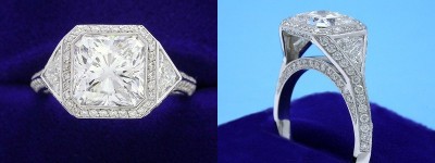 Radiant Cut Diamond Ring: 2.51 carat with 1.00 ratio in 0.60 tcw Trillion and 0.78 tcw Pave Three Stone Mounting