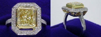 Radiant Cut Diamond Ring: 2.56 carat with 1.22 ratio and Fancy Light Yellow color in 1.00 tcw Pave Set mounting