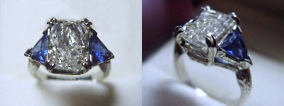 Radiant Cut Diamond Ring: 3.00 carat with 1.43 ratio in 1.42 tcw Blue Sapphire Trillion Three Stone mounting