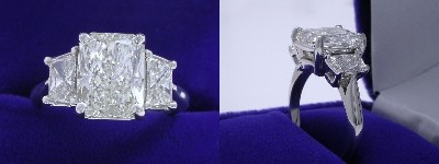 Radiant Cut Diamond Ring: 3.02 carat with 1.31 ratio in 0.77 tcw Brilliant-Cut Trapezoid Three Stone mounting