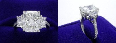 Radiant Cut Diamond Ring: 4.00 carat with 1.30 ratio in 0.83 tcw Brilliant-Cut Trapezoid Three Stone mounting