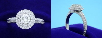 Round Diamond Ring: 0.47 carat with 0.47 tcw Double Row Pave Halo and Knife Edge Shank