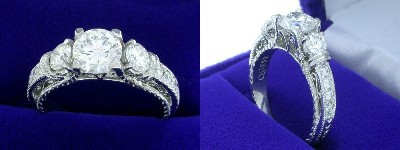 Round Diamond Ring: 0.79 carat in Filigree mounting with 0.40 tcw Round Side Diamonds