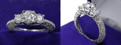 Round Diamond Ring: 0.84 carat with 0.52 tcw Rounds in Antique mounting