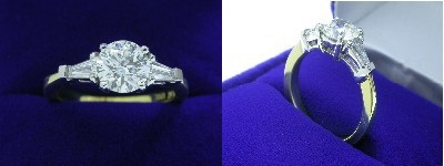 Round Diamond Ring: 1.03 carat with 0.35 tcw Tapered Baguette diamonds