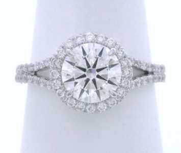 Round Diamond Ring: 1.20 carat in 0.43 tcw Pave Halo and Split Shank Mounting