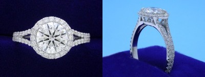 Round Diamond Ring: 1.20 carat in 0.43 tcw Pave Halo and Split Shank Mounting