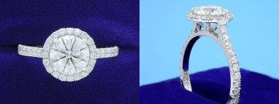 Round Diamond Ring: 1.22 carat in 0.44 tcw Pave Halo and French Cut Pave Shank Mounting
