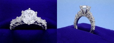 Round Diamond Ring: 1.52 carat Three-Stone with 1.19 tcw Round Side Diamonds
