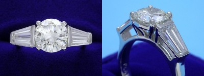 Round Diamond Ring: 1.60 carat with 4 Tapered Baguette Diamonds