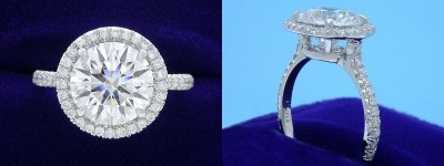 Round Diamond Ring: 2.51 carat in 0.32 tcw Pave Halo and Cathedral mounting