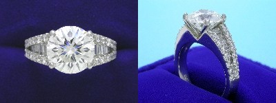 Round Diamond Ring: 2.59 carat with 0.46 tcw Baguettes and 0.46 tcw Round Shared Prong Diamonds