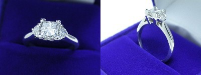 Princess Cut Diamond Ring: 0.80 carat with 0.29 tcw Half Moon diamond side stones