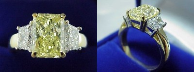 Radiant Cut Diamond Ring: 2.07 carat Fancy Yellow with 1.00 tcw Brilliant Cut Trapezoid Side Diamonds