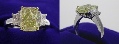 Radiant Cut Diamond Ring: 2.70 carat Fancy Yellow with 0.77 tcw Brilliant Cut Trapezoid Diamonds