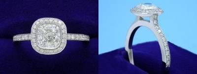 Cushion Cut Diamond Ring 1.03-carat with 1.00 ratio in Bez Ambar setting with 0.26 tcw pave-set round diamonds