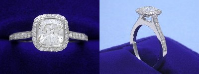 Cushion Cut Diamond Ring 1.10-carat with 1.05 ratio in Bez Ambar setting with 0.39 tcw pave-set round diamonds