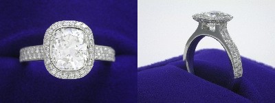 Cushion Cut Diamond Ring 1.49-carat with 1.20 ratio in Bez Ambar setting with 0.57 tcw pave-set round diamonds