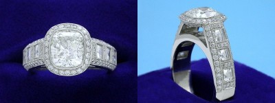 Cushion Cut Diamond Ring 1.50-carat with 1.11 ratio in Bez Ambar setting with 0.70 tcw Blaze Cut and 0.63 tcw pave-set round diamonds